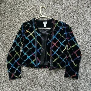 Chico’s colorful shabby SILK velvet Blazer Jacket Top Size 0 cropped length